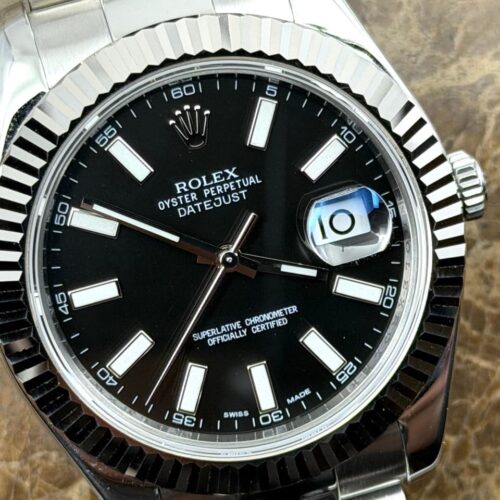 Rolex Datejust 41mm Automatic Black Index Dial 18k White Gold fluted bezel Oyster Bracelet 116334