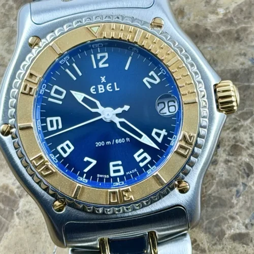 Ebel Discovery Swiss Quartz 40mm 18k Yellow Gold and Steel Blue Dial and extra leather strap with Ebel Box 1187341-5665P