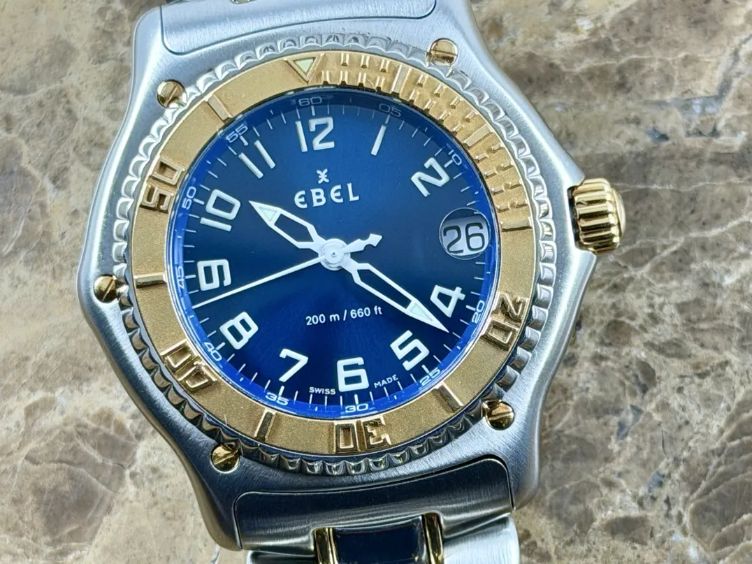 Ebel Discovery Swiss Quartz 40mm 18k Yellow Gold and Steel Blue Dial and extra leather strap with Ebel Box 1187341-5665P