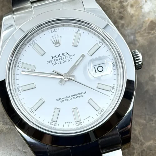 Rolex Datejust 41mm automatic white dial oyster bracelet smooth bezel box booklet matching tag model 116300