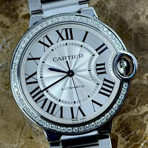 Cartier Ballon Bleu de Cartier 36mm automatic Factory Diamonds Silver guilloché dial Black Roman numerals Box and Cartier Warranty Card W4BB0024