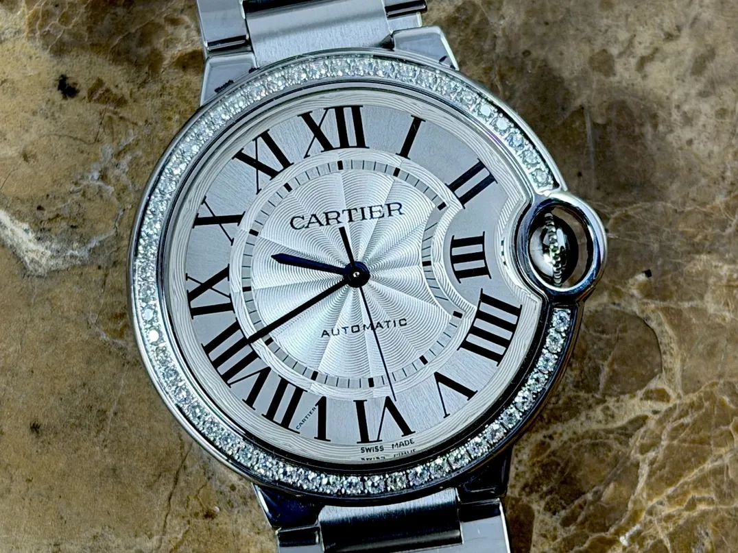 Cartier Ballon Bleu de Cartier 36mm automatic Factory Diamonds Silver guilloché dial Black Roman numerals Box and Cartier Warranty Card W4BB0024