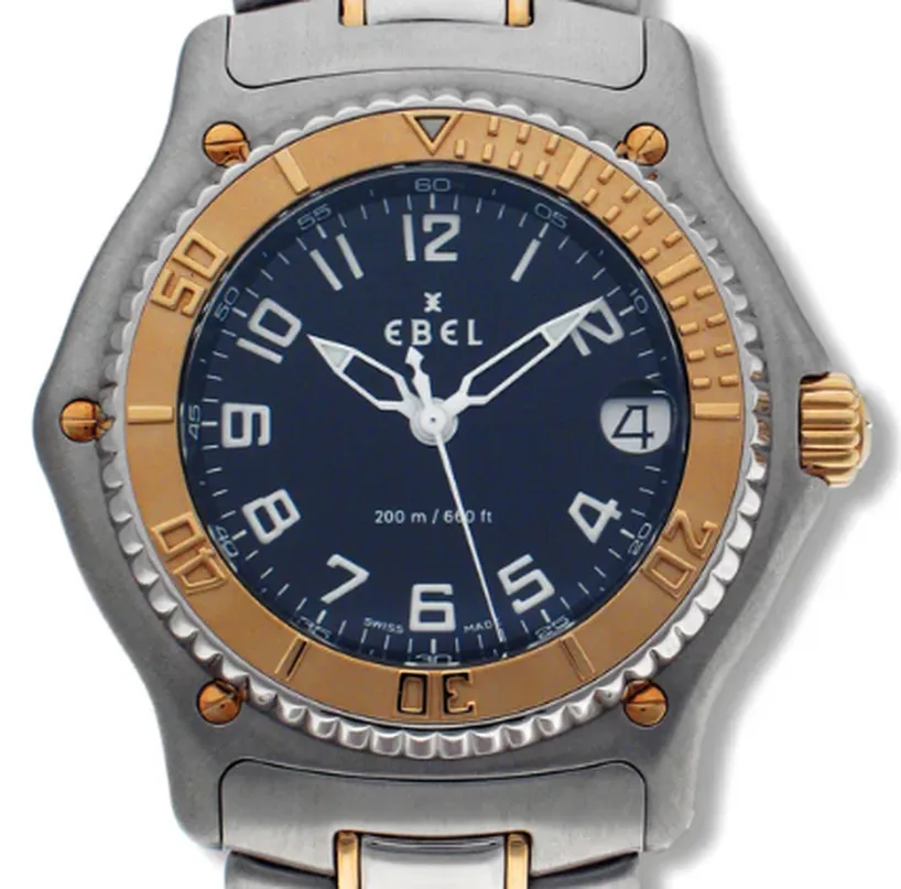 Ebel Discovery Swiss Quartz 40mm 18k Yellow Gold and Steel Blue Dial and extra leather strap with Ebel Box 1187341-5665P