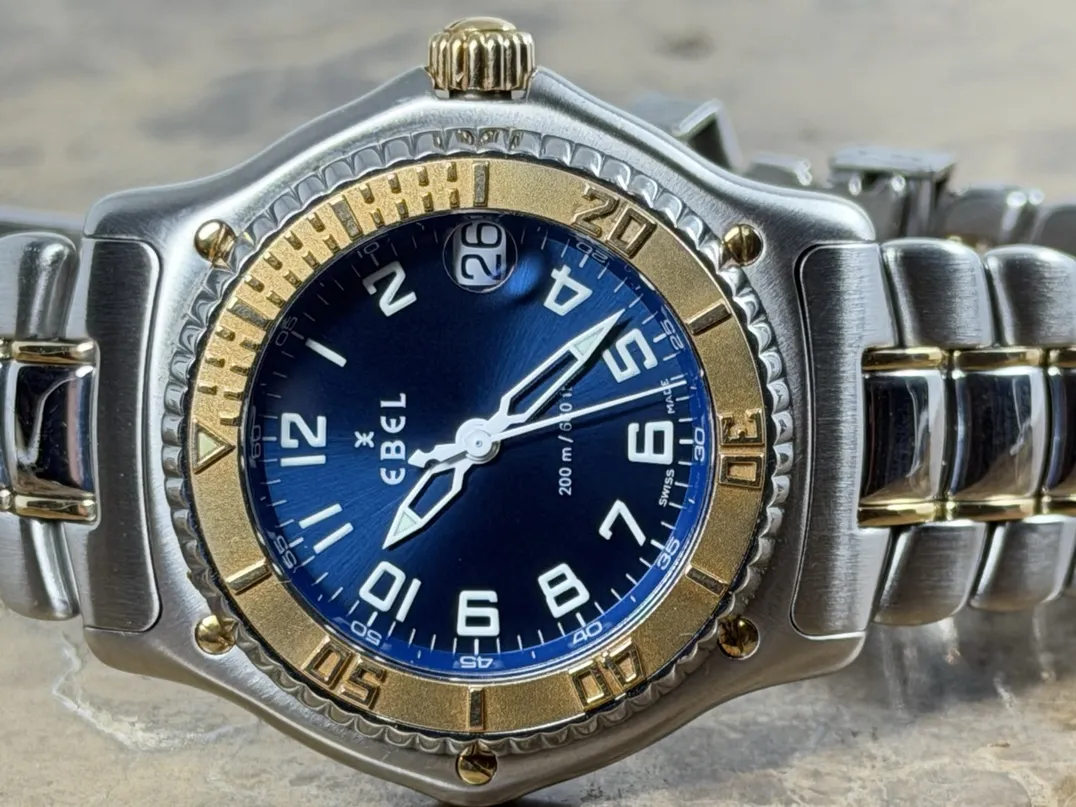 Ebel Discovery Swiss Quartz 40mm 18k Yellow Gold and Steel Blue Dial and extra leather strap with Ebel Box 1187341-5665P