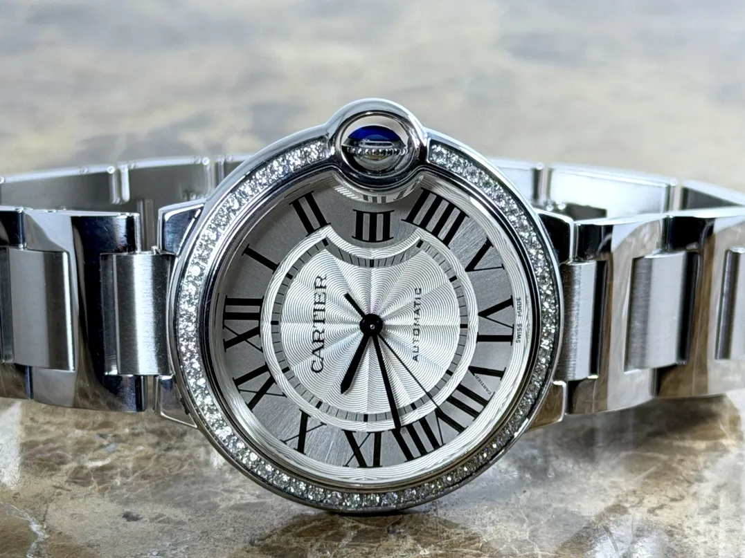 Cartier Ballon Bleu de Cartier 36mm automatic Factory Diamonds Silver guilloché dial Black Roman numerals Box and Cartier Warranty Card W4BB0024