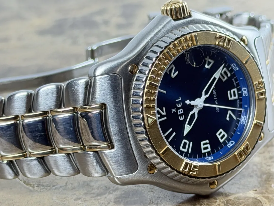 Ebel Discovery Swiss Quartz 40mm 18k Yellow Gold and Steel Blue Dial and extra leather strap with Ebel Box 1187341-5665P