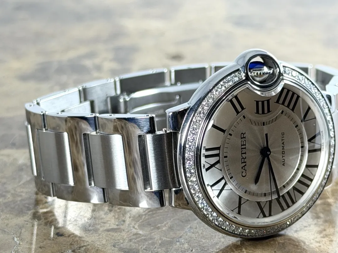 Cartier Ballon Bleu de Cartier 36mm automatic Factory Diamonds Silver guilloché dial Black Roman numerals Box and Cartier Warranty Card W4BB0024