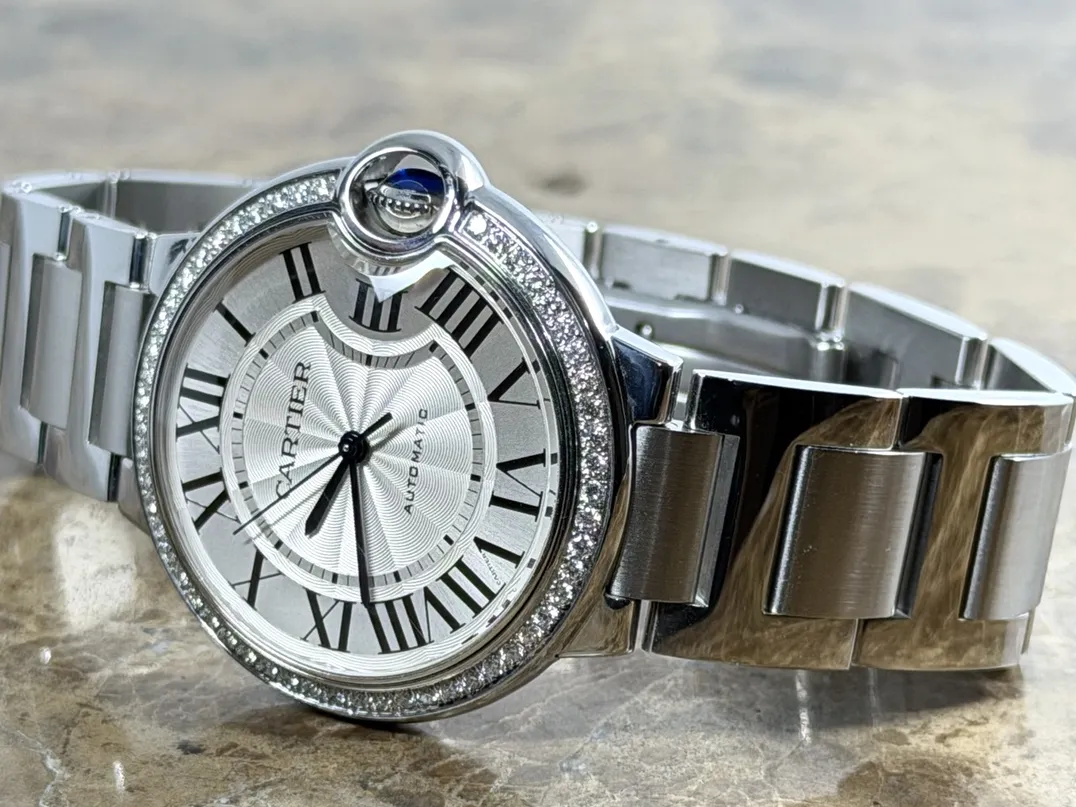 Cartier Ballon Bleu de Cartier 36mm automatic Factory Diamonds Silver guilloché dial Black Roman numerals Box and Cartier Warranty Card W4BB0024