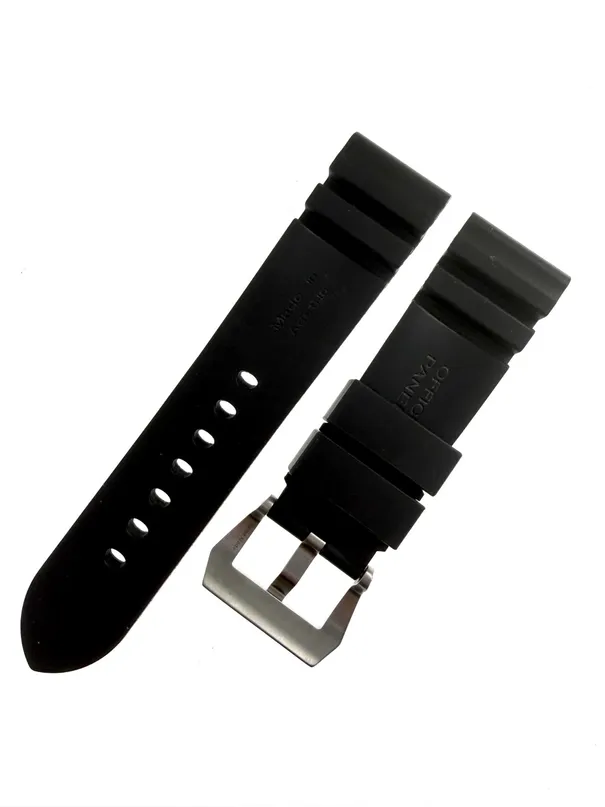 Black Rubber Watch Strap For Panerai Luminor 24mm with Original Brushed Steel Pin Buckle Genuine OEM