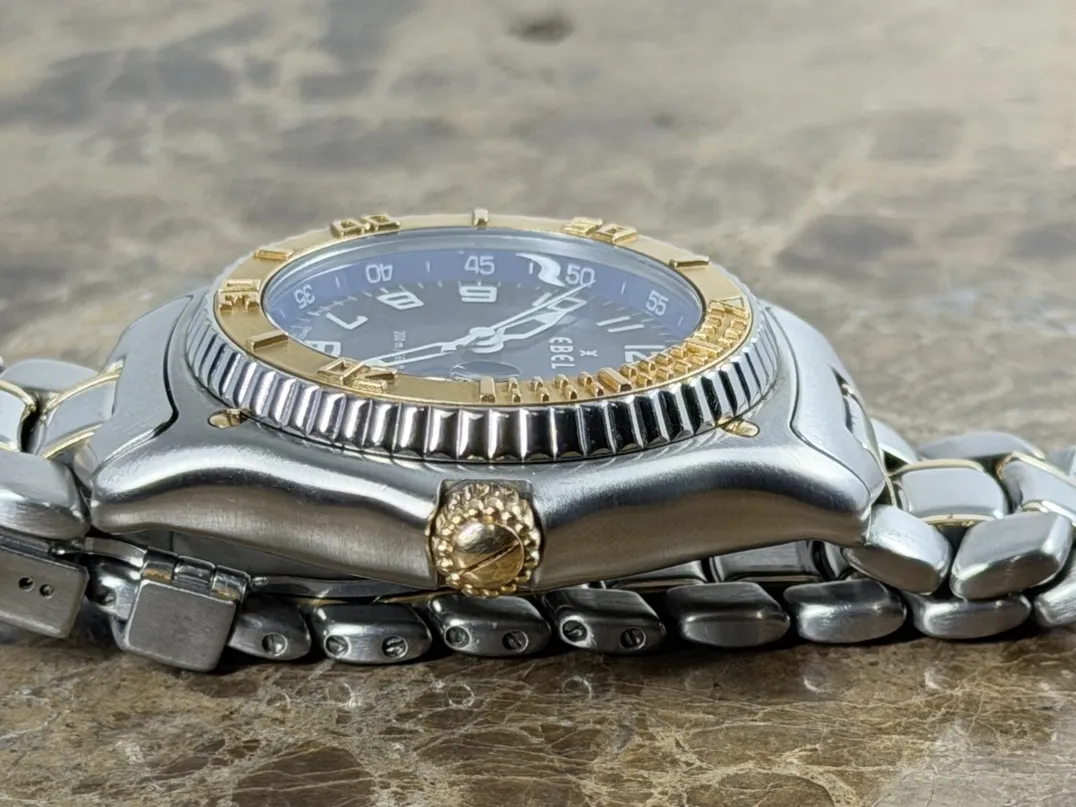 Ebel Discovery Swiss Quartz 40mm 18k Yellow Gold and Steel Blue Dial and extra leather strap with Ebel Box 1187341-5665P