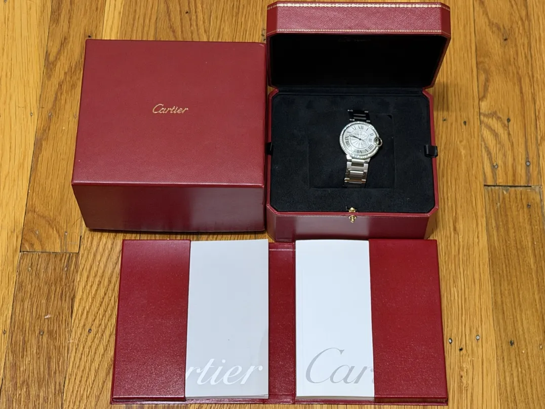 Cartier Ballon Bleu de Cartier 36mm automatic Factory Diamonds Silver guilloché dial Black Roman numerals Box and Cartier Warranty Card W4BB0024
