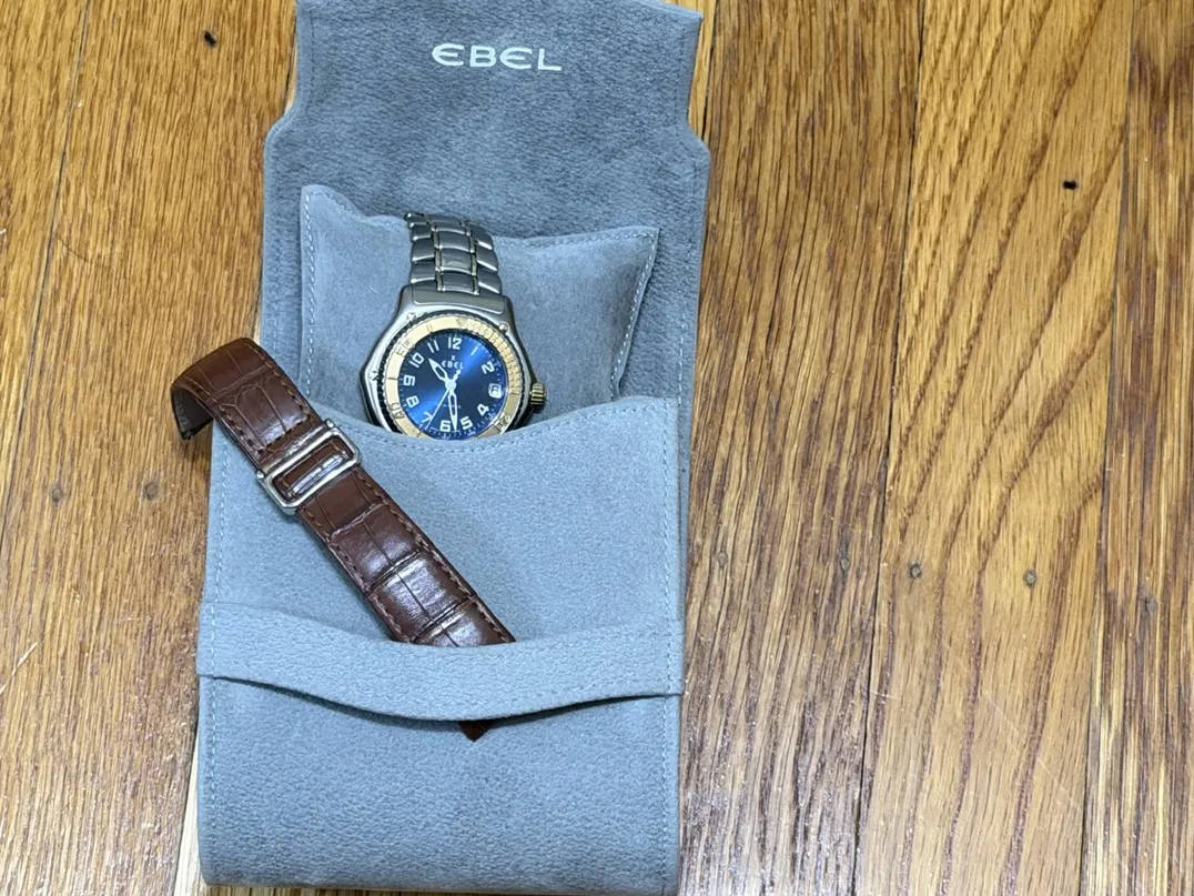 Ebel Discovery Swiss Quartz 40mm 18k Yellow Gold and Steel Blue Dial and extra leather strap with Ebel Box 1187341-5665P